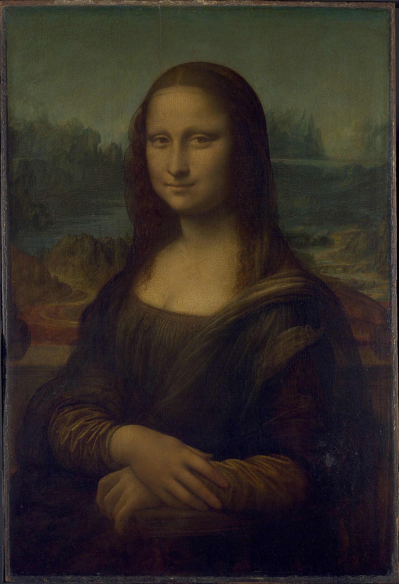 Gemeinfreie C2RMF-Aufnahme von Leonardo da Vincis Mona Lisa mit neonpinker Brille, Schnurrbart und gezeichneten Feenflügeln